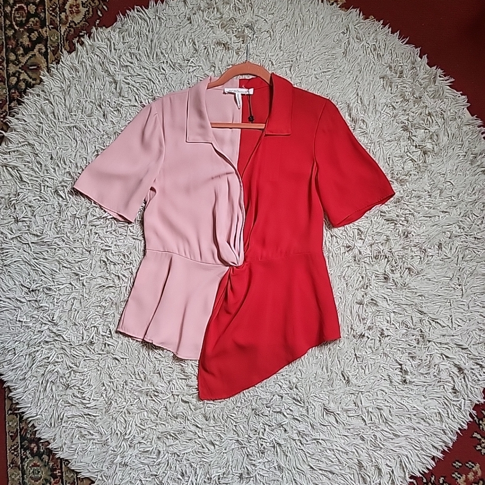 BCBGeneration Blouse Top Colorblock Split Colors Red & Pink Twist Front Size 6